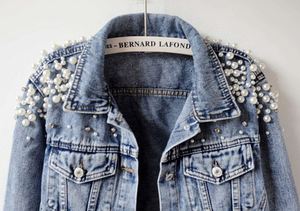 Wholesale Hiking Women's Embroidered Rivet Pearl <b>Short</b> <b>Denim</b> Coat Pearls Beading <b>Jackets</b> Loose Outerwear - Product Image 5