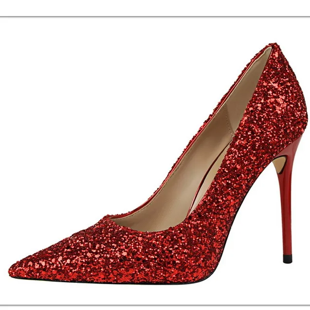 Fashion Big Size Sexy Red Wedding Party Black Shoes Pumps Pointed Toe Glitter 8Cm High Heels For Ladies