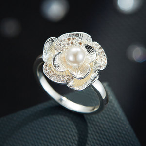 Flower Open <b>Ring</b> Gold Plated Pearl Zircon Micro Set Index <b>Finger</b> Party Jewelry - Product Image 4