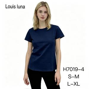 HDJ T-shirt d'été décontracté pour femme, bleu marine, col rond, manches courtes, en coton, grande taille, respirant H7019-4 - Product Image 1