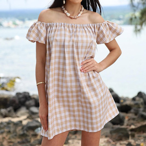 High-quality Summer Hawaiian Plaid Print Off-shoulder <strong>Elasticated</strong> <strong>Dress</strong> Custom Breathable Rayon Mini <strong>Dress</strong> - Product Image 2
