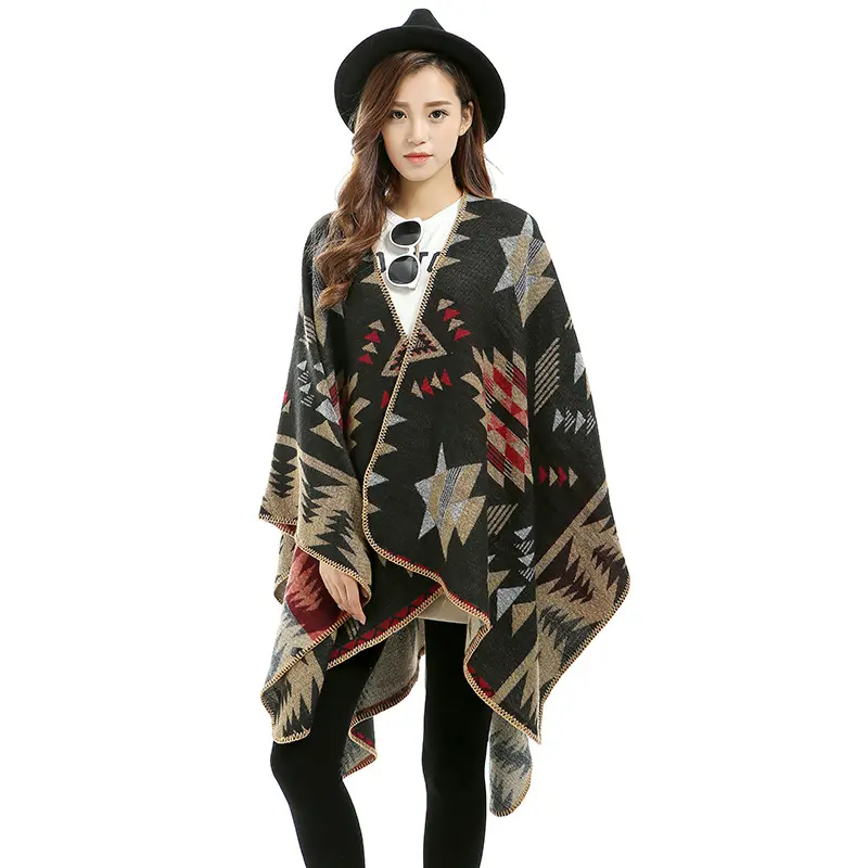 Women's Winter Cashmere Cape Thick Geometric Diamond Printed Long Scarf Fashion Warm Cape