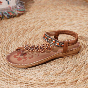 Sandales plates d'été bohèmes pour femmes, décorées de strass, avec bande élastique, confortables, style plage, couleur unie, avec lacets avant et arrière - Product Image 5