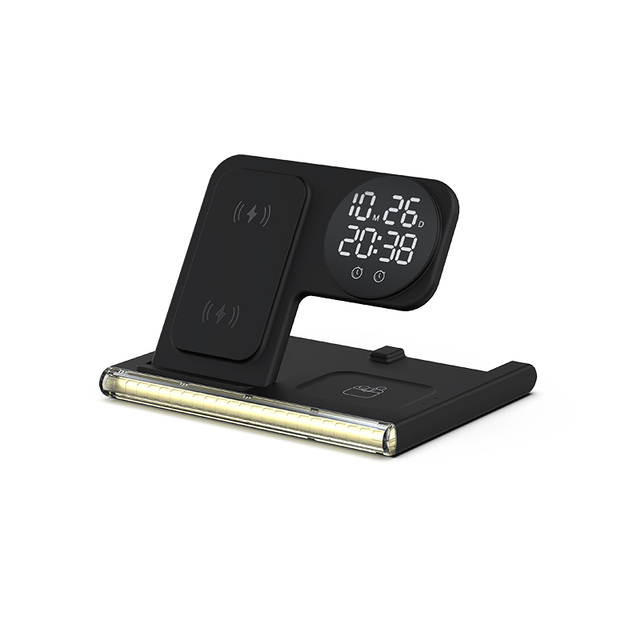 Multi-functional 6-in-1 Wireless Charger Station with Alarm Clock Date Display and Night Lamp Folding 15W Wireless Charger Stand