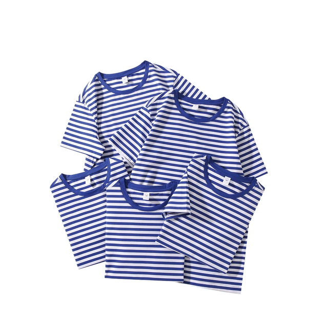 Retro Blue White Striped 100% Cotton Men's Casual T-Shirt Loose Fit Short Sleeve Crew Neck 180g Knitted Fabric Pattern Custom