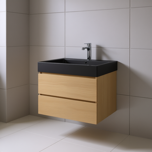 Meuble-lavabo mural en chêne naturel de 24 pouces, design moderne, vasque noire, grand rangement, forme rectangulaire - Product Image 2