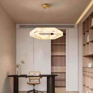 Lustre rectangulaire en laiton avec abat-jour en albâtre, lumière LED blanche chaude pour salon, 3500K, dimmable, culot E27 - Product Image 5