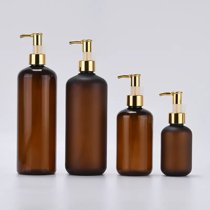 Flacon d'huile cosmétique, de 100ml, 120ml, 250ml, 500ml, beurre pour le corps, ambre, givré, lotion, huile pour cheveux, en plastique, avec couvercle à pompe dorée