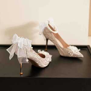 Zapatos de Novia con Tacón de Aguja, Punta en Pico, Correa en el Tobillo, Decoración de Lazo, Plateados, Tacón Alto de 5cm-8cm, Forro de Satén - Product Image 5