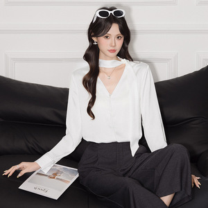 French Style Ribbon Blouse Women White V Neck Long Sleeve Wrap <b>Tie</b> Top Office Wear Slim Fit Solid Color <b>Polyester</b> Shirt Q9944 - Product Image 1