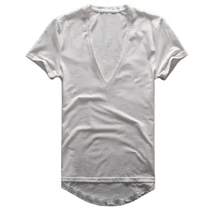 Großhandel Custom 100% Baumwolle Herren Deep V Neck T-Shirt Einfarbig Kurzarm Top T-Shirts Kompression Männlich Atmungsaktive T-Shirts
