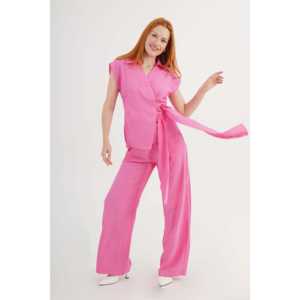 Ensemble chemisier et pantalon pour femmes en fuchsia à double boutonnage en gros - Product Image 5