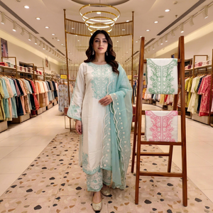 Elegante Conjunto de Kurta de Dos Piezas para Mujer, de Algodón con Bordado Floral, Largo hasta el Tobillo, con Dupatta de Chifón, Cuello Redondo, para Uso Diario en Primavera/Verano - Product Image 1