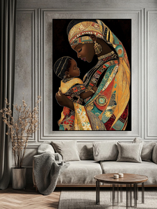 Retrato africano moderno pintura al óleo imagen colorida de madre abrazando al bebé para decoración del hogar y regalo del Día de la madre - Product Image 3