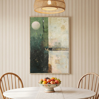 Tableau mural minimaliste village côtier bleu canard impasto fait main déco maison hôtel villa