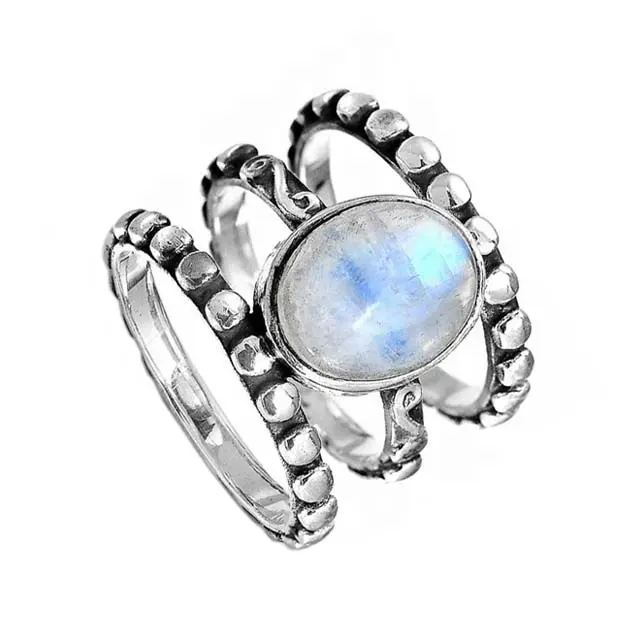 Naturale Arcobaleno Pietra di Luna Anello Solido 925 Anelli In Argento Sterling Gioielli Fatti A Mano Anello di Fidanzamento