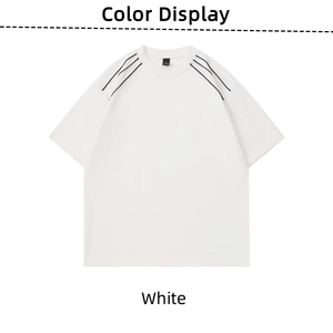 Marca de moda hilo doble 100 Algodón puro manga corta <span class=keywords><strong>rayas</strong></span> empalmadas <span class=keywords><strong>Camiseta</strong></span> estilo universitario hombros acolchados textura rígida - Product Image 6