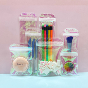 Tas Kemasan Holografik Merah Muda dengan Puff Bedak Aplikator Kosmetik Kantong Plastik Zip Lock - Product Image 1