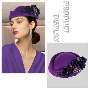 Béret en feutre de laine avec appliques pour femme, style rétro britannique, pour hôtesse de l'air, chapeau d'étiquette - Product Image 2
