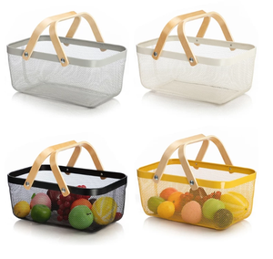 Wooden Iron Storage Basket Metal Mesh Fruit Basket <strong>Bin</strong> with Double Wooden Handle Multi-functional Wrought Iron Wire Kitchen <strong>Stor</strong> - Product Image 1