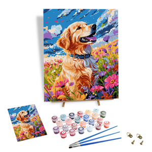 Peinture par numéros DIY pour adultes : Chien Golden Retriever dans un champ <span class=keywords><strong>de</strong></span> <span class=keywords><strong>fleurs</strong></span> – Peinture à l'huile acrylique sur toile, art mural paysager animalier - Product Image 1