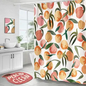 Alfombrilla de baño de diseño de melocotón rosa de lujo, cortina de ducha impermeable y alfombras de microfibra, conjunto de suelo, 100%