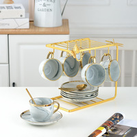 Ensemble de tasses à café en céramique empilables et peu encombrantes avec support de rangement en métal, ensemble de tasses en porcelaine marbrée pour le comptoir de cuisine