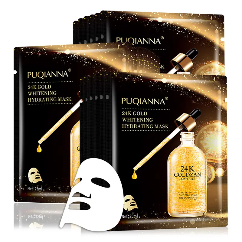 PUQIANNA, fabricante directo, fábrica, cuidado de la piel, mascarilla facial de oro puro de 24K, mascarilla facial hidratante profunda, belleza facial blanqueadora