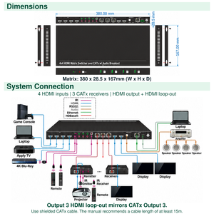   محول ماتريكس <span class=keywords><strong>KVM</strong></span> <span class=keywords><strong>4x4</strong></span> مع 3 أجهزة استقبال، نقل 4K HDR، مخارج CATx، تحكم عبر IR وRS232 وTCP/IP لغرف الاجتماعات - Product Image 4
