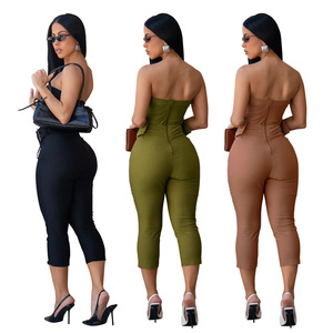 Tute da donna Sexy senza spalline alla moda estiva tute a pieghe tinta unita per donna - Product Image 2