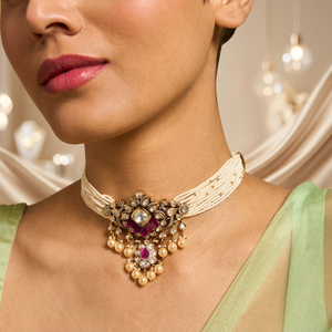 Kundan Style 173035 Short Choker <b>Necklace</b> Gold Plated Zinc Alloy Flower Beads Diamond Pearl Trendy Women's Religious Wedding - Product Image 3