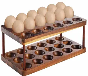 Caja de almacenamiento de huevos Artesanías de madera hechas a mano para organizar huevos para cocina Estante de huevos de doble capa