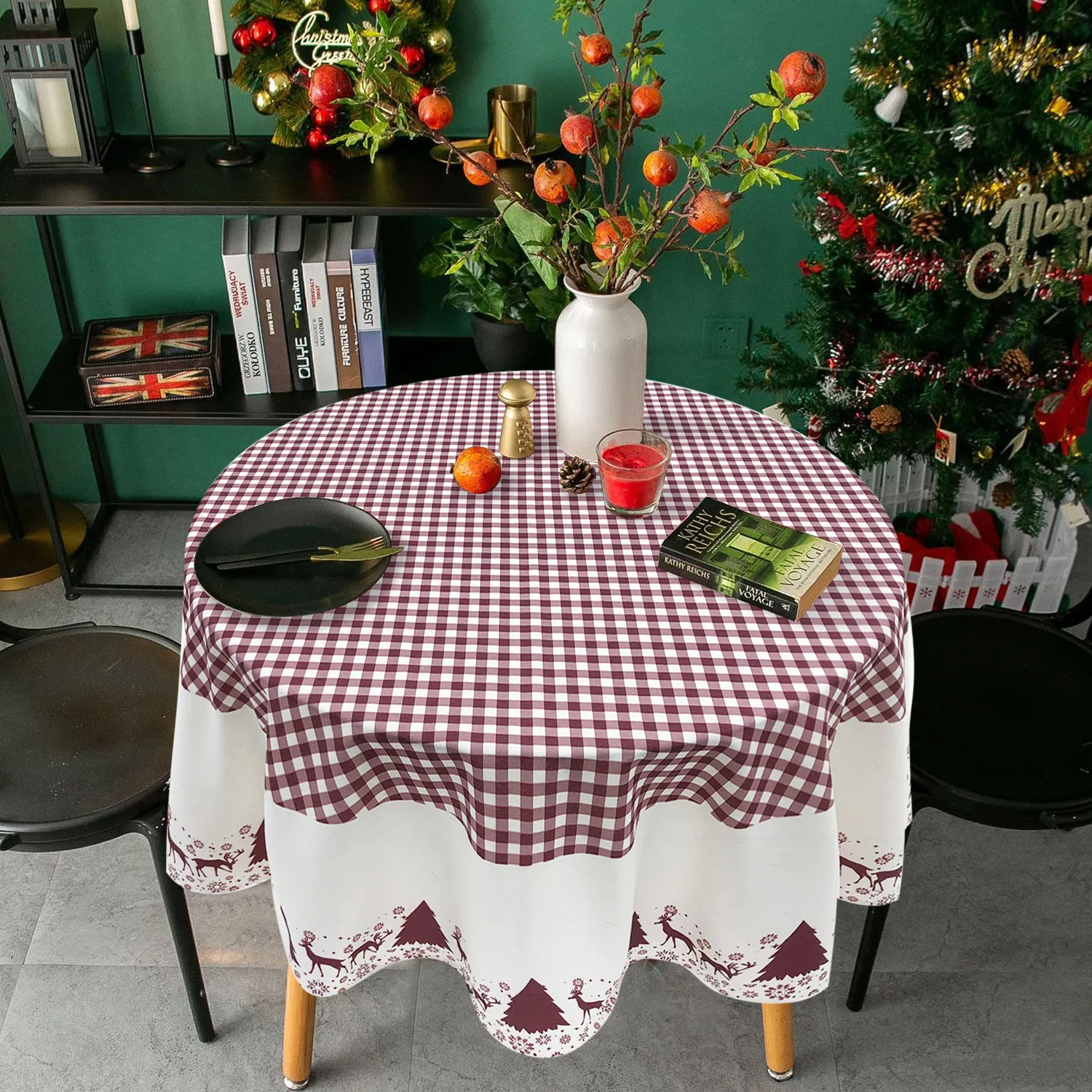 गोल 150 सेमीआर आकार लाल प्लेड डिजाइन क्रिसमस शैली टेबल क्लॉथ पॉलिएस्टर सूती मेज़पोश