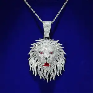 Pingente de prata esterlina 925 banhado a ouro 14K Hip Hop Fine Jewelry Micro Pavimentado CZ VVS Moissanite Cabeça de leão esmaltado