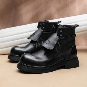 Chaussures décontractées rétro de style italien, bottes en cuir à tige haute, grande taille, à lacets, bout rond, antidérapantes, bottes d'automne qui augmentent la taille - Product Image 3