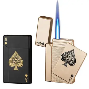 Isqueiro de cartas Ace de chama verde recarregável, isqueiro de Butano Ace of Spades, isqueiro legal à prova de vento, design de pôquer