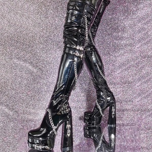 Wide Fit Thigh High Platform Long <b>Boots</b> Metal Rivets Chain Thick Sole High Chunky Heels Women Over Knee Booties Big Size 47 - Product Image 3