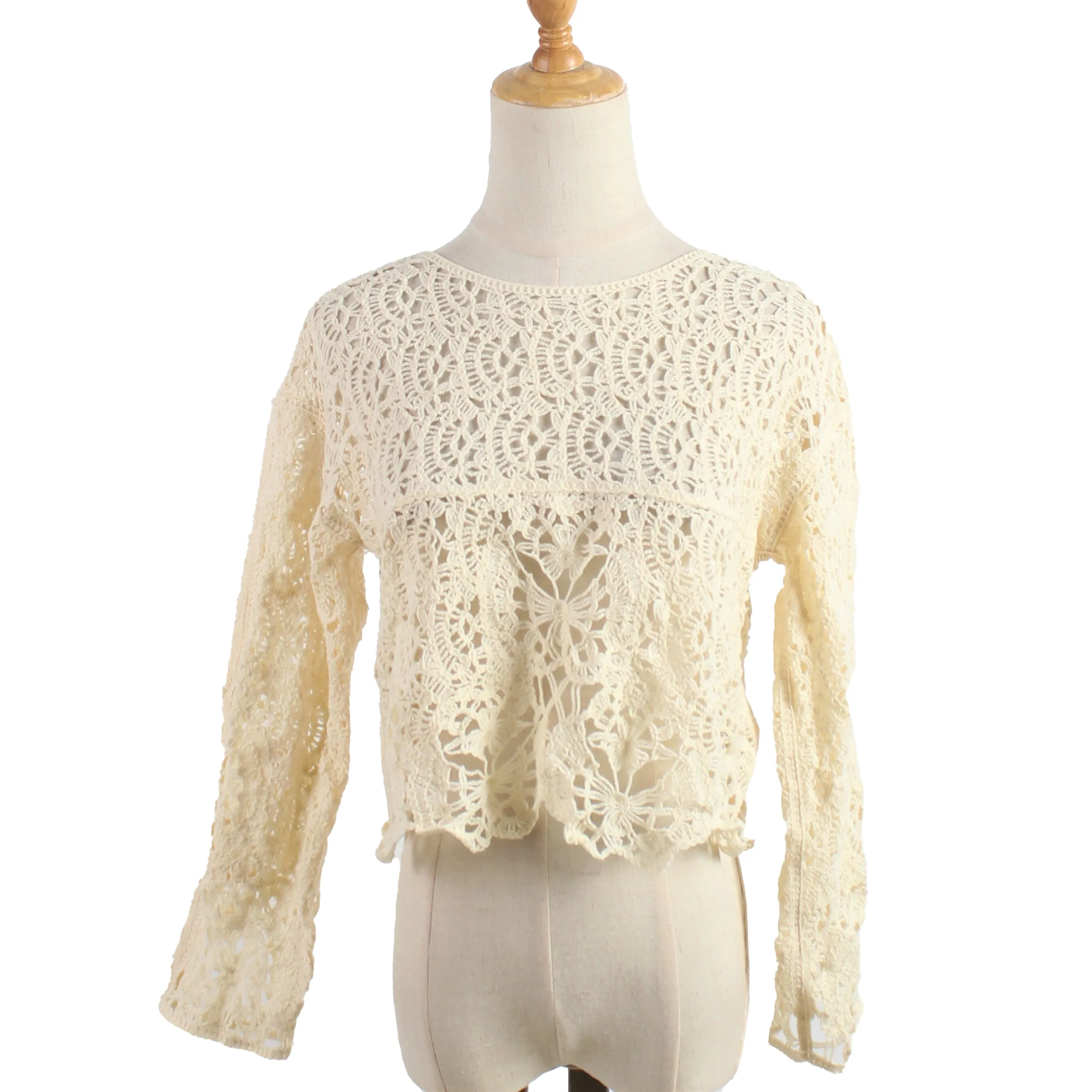 Top sales custom logo high quality hollow long lace sleeve summer fashion crochet sweater for women