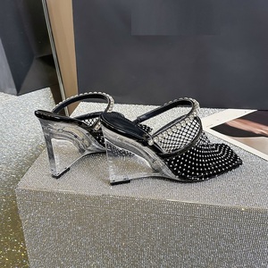 Nouvelles sandales d'été 2025 pour femmes, talons hauts en maille ornée de strass, chaussures élégantes à bout carré, sandales compensées transparentes, escarpins, pantoufles - Product Image 3