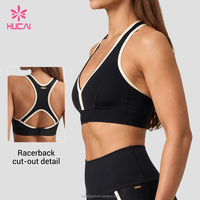 Soutien-gorge de sport pour femme, personnalisé OEM, à bretelles croisées, col en V, dos découpé, à rayures contrastées bicolores, maintien élevé, pour fitness, yoga et entraînement