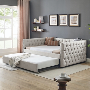 Giường <span class=keywords><strong>sofa</strong></span> có ngăn kéo kéo ra, bọc vải, kiểu dáng <span class=keywords><strong>sofa</strong></span> giường có nút và đinh đồng trên tay vịn hình vuông, giường <span class=keywords><strong>sofa</strong></span> đầy đủ kích thước và giường kéo đôi - Product Image 1