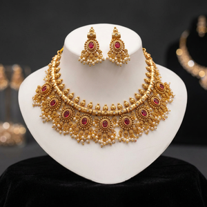 South Indian Antique Matte Gold Plated Choker <b>Necklace</b> <b>Ruby</b> set Gemstone Oval <b>Necklace</b> with Pearl Clusters and Matching earring - Product Image 3