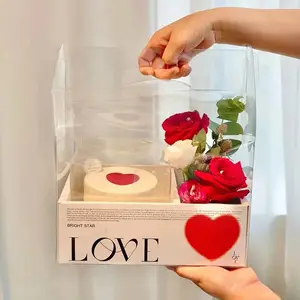 투명 PVC 종이 꽃 가방 꽃꽂이 선물 캐리어 가방 직사각형 투명 판지 꽃다발 과일 케이크 캐리 박스