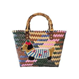Sac tissé rétro rayé pour chien <span class=keywords><strong>teckel</strong></span> Sac fourre-tout doublé en PVC pour femme avec pendentif en corde de nylon Fermeture ouverte Sac <span class=keywords><strong>à</strong></span> main de plage brodé - Product Image 5