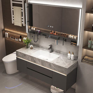 Salle de <span class=keywords><strong>douche</strong></span> suspendue au mur de luxe contemporaine lavabo salle de bain armoire de salle de bain miroir LED ensemble de vanité avec dessus en marbre évier de navire en céramique - Product Image 1