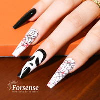 Personnalisé cool halloween long cercueil presse sur les ongles facile noir et blanc faux ongles fantôme visage conception de sang couverture complète abs ongles conseils