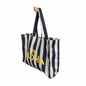 Vertical Stripes Natural New Recycled Custom Cotton Canvas Tote Shopping Bag with Multiple Pockets Canvas Bag - Product Image 3
