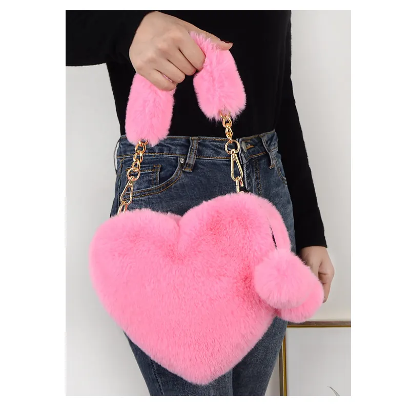 Wholesale New Trendy Popular Girls Cute Pink Plush Love Ladies Purses Tote Bag Fluffy Heart-shaped Fur Women Clutch Handbags