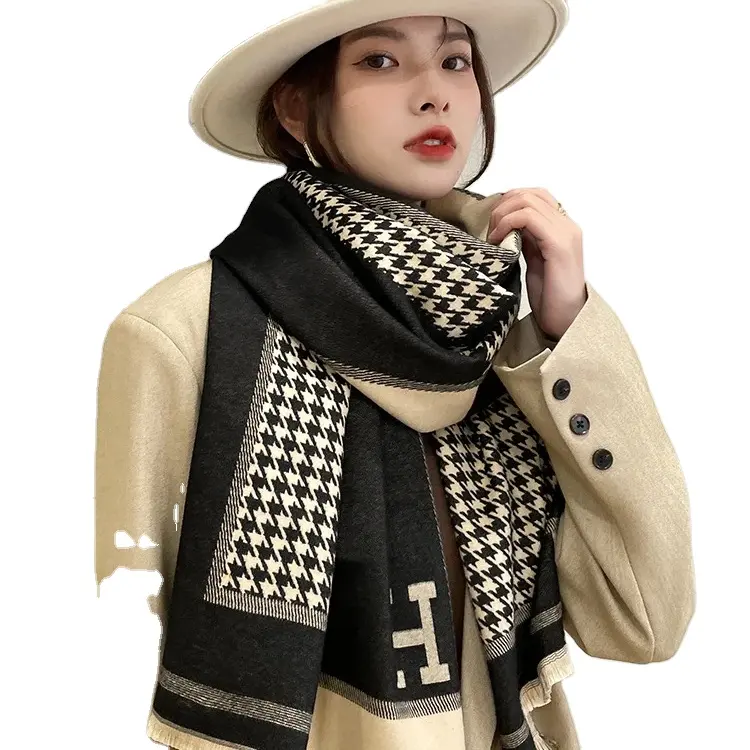 럭셔리 유명 브랜드 디자이너 스카프 울 흑백 격자 무늬 술 스카프 여성을위한 패션 겨울 따뜻한 스카프