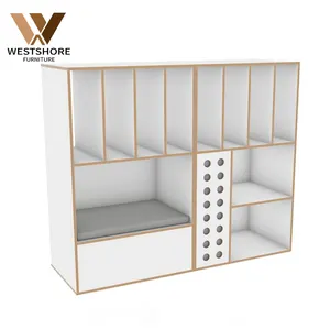 Organizzatore moderno dell'armadio per mobili in legno bianco per la scatola di immagazzinaggio dei bambini per l'arredamento dell'asilo dei bambini